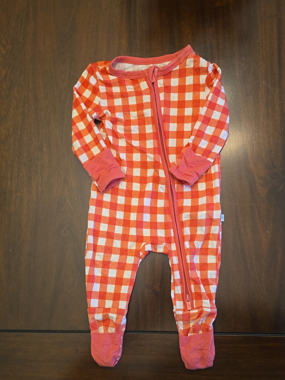 Posh Peanut Red & White Gingham F One-Piece With Footie And Hand Fold-overs